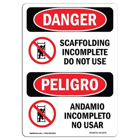 SIGNMISSION OSHA, Scaffolding Incomplete Do Not Use Bilingual, 5in X 3.5in, 10PK, 3.5" W, 5" L, Spanish, PK10 OS-DS-D-35-VS-1572-10PK